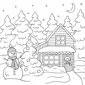 Раскраска рождественский домик в зимнем лесу