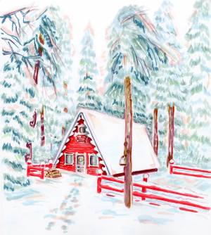 Домик в ночном зимнем лесу