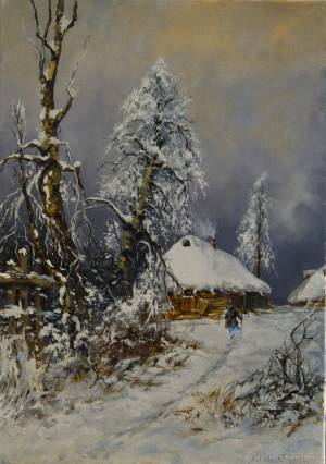 Картина маслом зимний пейзаж домик в зимнем лесу зимний вечер в интернет-магазине Ярмарка Мастеров по цене 12000 ₽