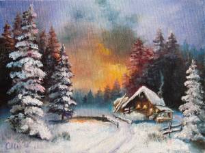 Картина зимний пейзаж `Домик в лесу`