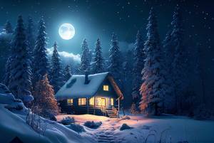 Дом в лесу в зимнем лунном свете деревянный домик под снегом зимний пейзаж цифровая иллюстрация generative ai