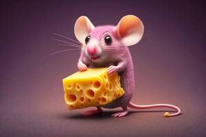 Милая мышка ест сыр с большим ртом и длинными розовыми ушами