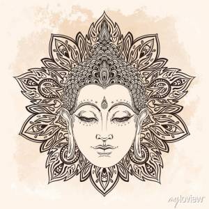 Будда лицо в богато мандала круглый узор над бежевый урожай фон