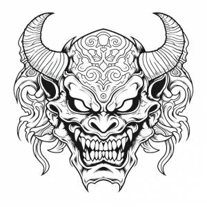 Черно-белый рисунок демона с рогами и рогами