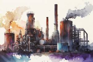 Акварельный рисунок завода со словами «нефтегазовый завод»