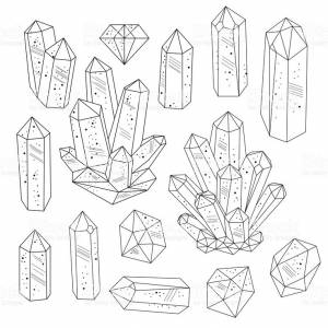 Set of crystals gemstones in black and white