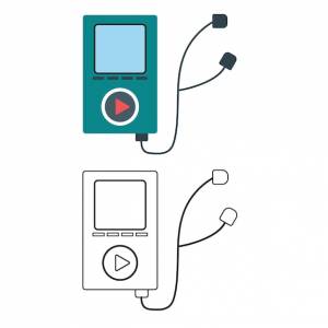 Контур страницы раскраски mp3-плеера с клипартом cartoon technology