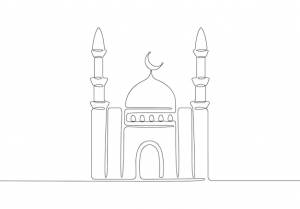 Однолинейный рисунок здания исламской мечети рамадан карим