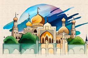 Рисунок мечети с голубым небом и надписью «тадж-махал»