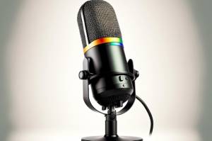 Красивый и современный студийный микрофон с разноцветными полосками стоит на круглой стойке в записи