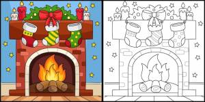 Раскраска рождественский камин с чулками