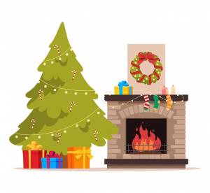 Новогодний камин с елкой и подарками праздничное настроение теплый уютный дом отдых у камина векторная иллюстрация