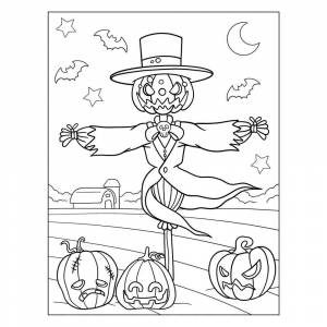 Раскраска Пугало с тыквами для детей на Хэллоуин