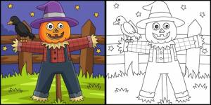 Иллюстрация страницы раскраски пугало на хэллоуин