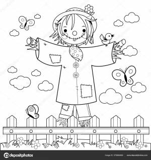 Пугало Поле Деревянным Забором Черно Белая Раскраска Векторное изображение ©stockakia 375666466