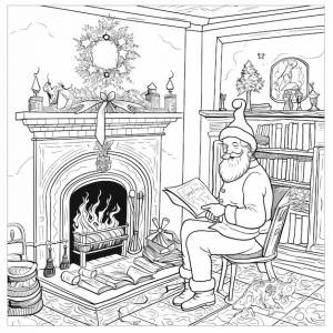 Праздничная раскраска санта-клауса у камина на рождество