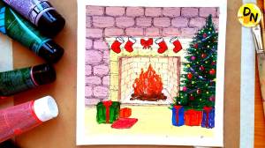 Как нарисовать РОЖДЕСТВЕНСКИЙ КАМИН, ЁЛКУ, ПОДАРКИ