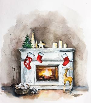 Иллюстрация камин в стиле живопись, книжная графика