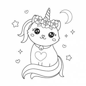 Раскраска красивый кот-единорог с цветами для раскраски