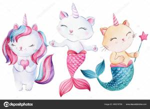 Смешные котята, кошачья русалка и единорог на изолированном белом фоне