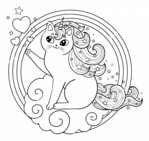 Раскраска Кошка единорог на облаке