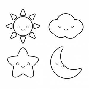 Набор милых рисунков очертаний элементов погоды для детской книжки-раскраски, включая звезду солнечного облака