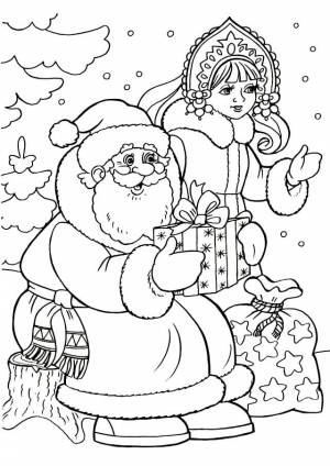 Раскраска «Дед Мороз и Снегурочка дарят подарок»
