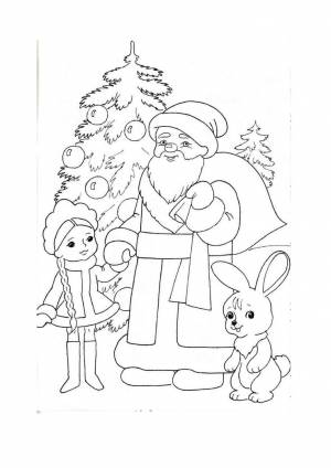 Раскраска для детей Дед Мороз, Снегурочка и зайчик