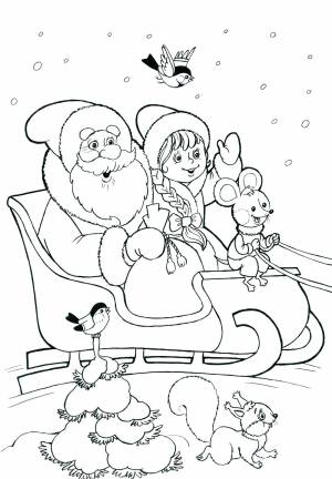 Дед мороз и снегурочка в санях птица белка мышонок Рисунок раскраска на зимнюю тему