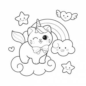 Милый кот единорог и радуга рисованной страницы раскраски