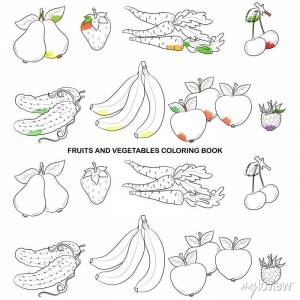 Книжка-раскраска набор фруктов и овощей, черно-белые иллюстрации, плакаты на стену