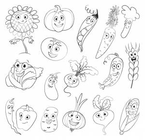 Я люблю овощи забавный мультяшный персонаж векторные иллюстрации раскраска набор