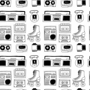 Вектор партии 90-х годов бесшовный рисунок doodle кассетный плеер бумбокс роликовые коньки кассетный пейджер изолирован на белом фоне