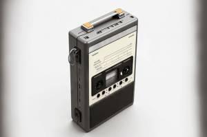 Черный кассетный плеер 70-х годов на светло-сером фоне