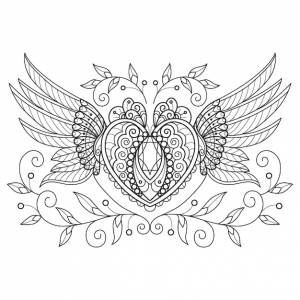 Сердце и крылья ангела нарисованы вручную для книжки-раскраски для взрослых
