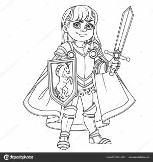Симпатичный Мальчик Рыцаре Паладин Бронекостюме Начертанном Раскраски Страницы Векторное изображение ©yadviga 386544296