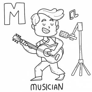Алфавитный музыкант-раскраска со словом