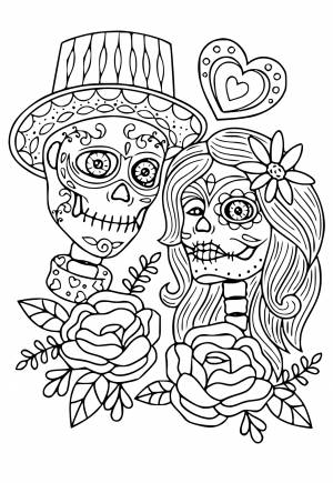 Free Printable Day Of the Dead Pair Coloring Page for Adults and Kids