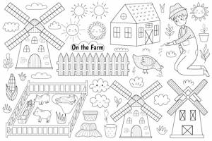 Черно-белая ферма с милыми животными и детьми-фермерами