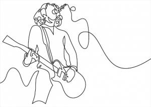 Рок-звезда поет с гитарой и микрофономнепрерывное рисование линий