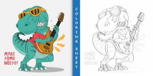 Мультяшный динозавр рок-звезда, раскраска