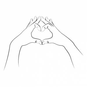 Руки показывают сердце, сердце руками, штриховой рисунок, рисунок одной линией