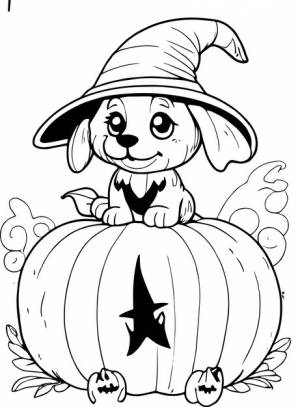 Хэллоуин щенок восторг шляпа ведьмы и вектор раскраски тыквы