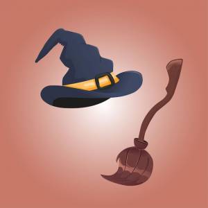 Иллюстрация набор атрибутов ведьмы шляпа ведьмы и метла ведьмы