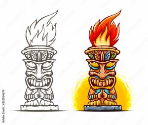 Tiki traditional hawaiian tribal mask with human face and burning fire