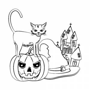 Раскраска Картинка для раскрашивания на хэллоуин Кошка, тыква, шляпа и замок