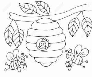Hand-drawn Cartoon Bees With Honey And A Beehive On A Tree, Coloring Page, Vector Illustration Клипарты, SVG, векторы, и Набор Иллюстраций Без Оплаты Отчислений
