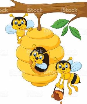 Illustration of Cartoon branch of a tree with a beehive and a bee