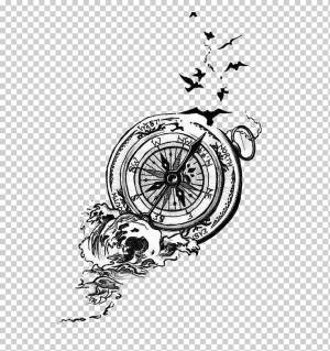 черно-белый компас, Bird Tattoo Artist Compass Idea, компас, белый, простой, техника png