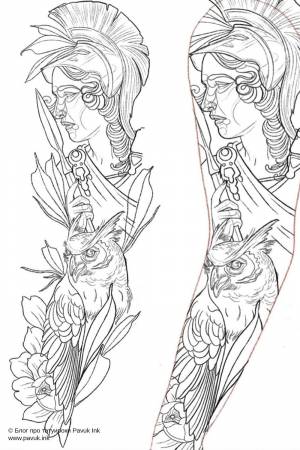 Эскиз тату рукав Афина и сова